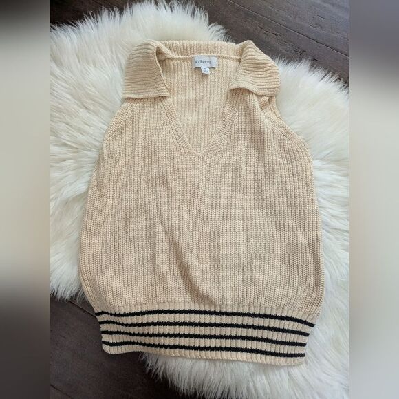 Evereve Sweaters - Evereve Cream Black Stripe Knit V Neck Collared Sweater Vest M Medium
